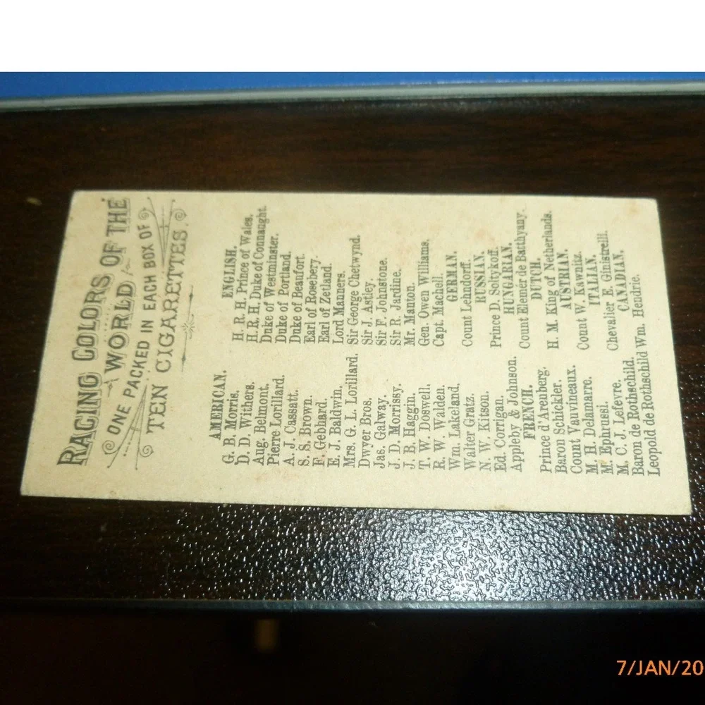 1888 Allen &‎ Ginter Racing Colors of the World Trading Card E.J. Baldwin N22a